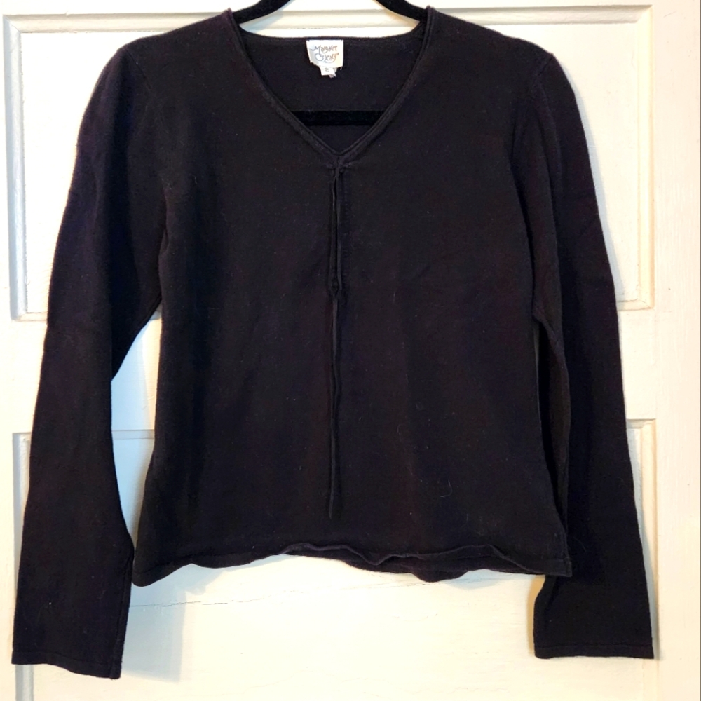 MARGARET O'LEARY Sweater, Black V-Neck Pullover Lightweight Knit w/Tie, Sz 2 GUC